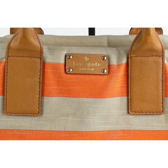 Kate Spade New York Orange & Khaki Striped Canvas Tote Bag With Leather Handles - Picture 2 of 15